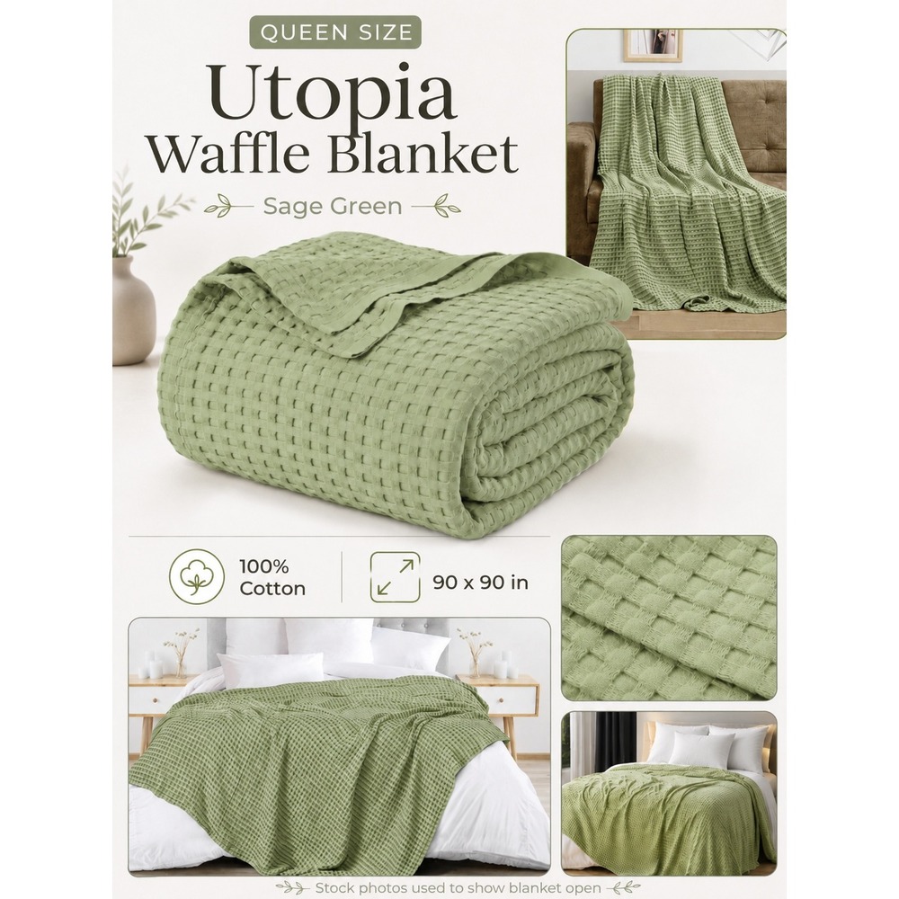 Utopia Waffle Blanket Queen Size Sage Green 100% Cotton Breathable Soft NWOT